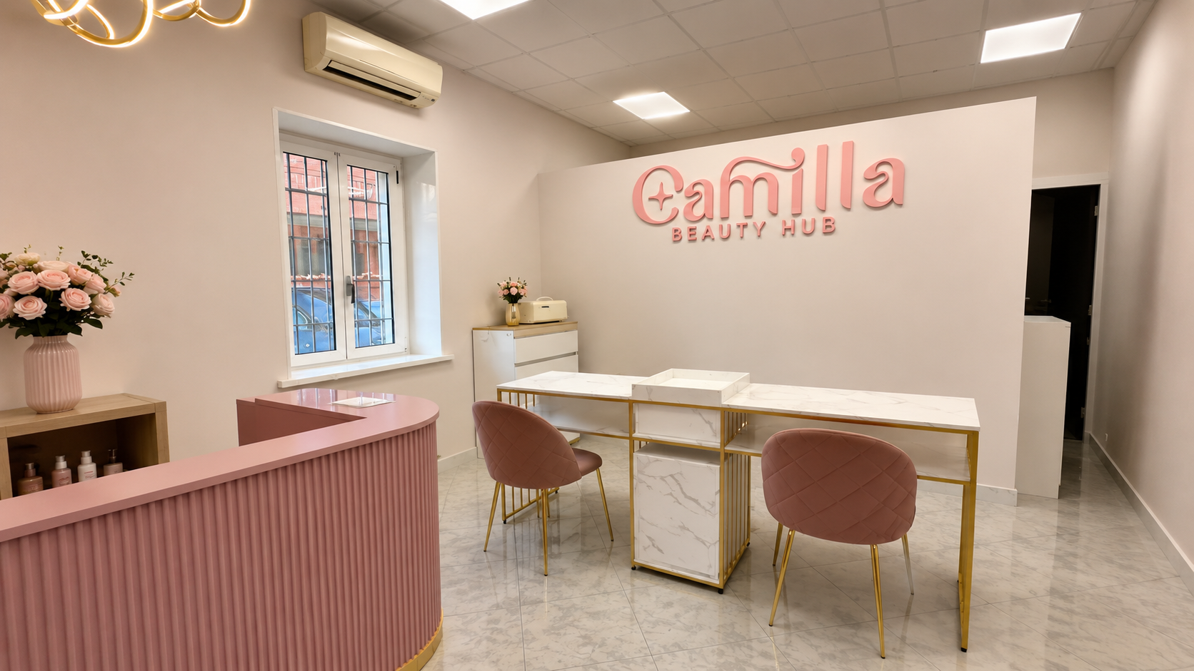 Interno del nuovo Camilla Beauty Hub a Monterotondo, postazione manicure con logo a parete