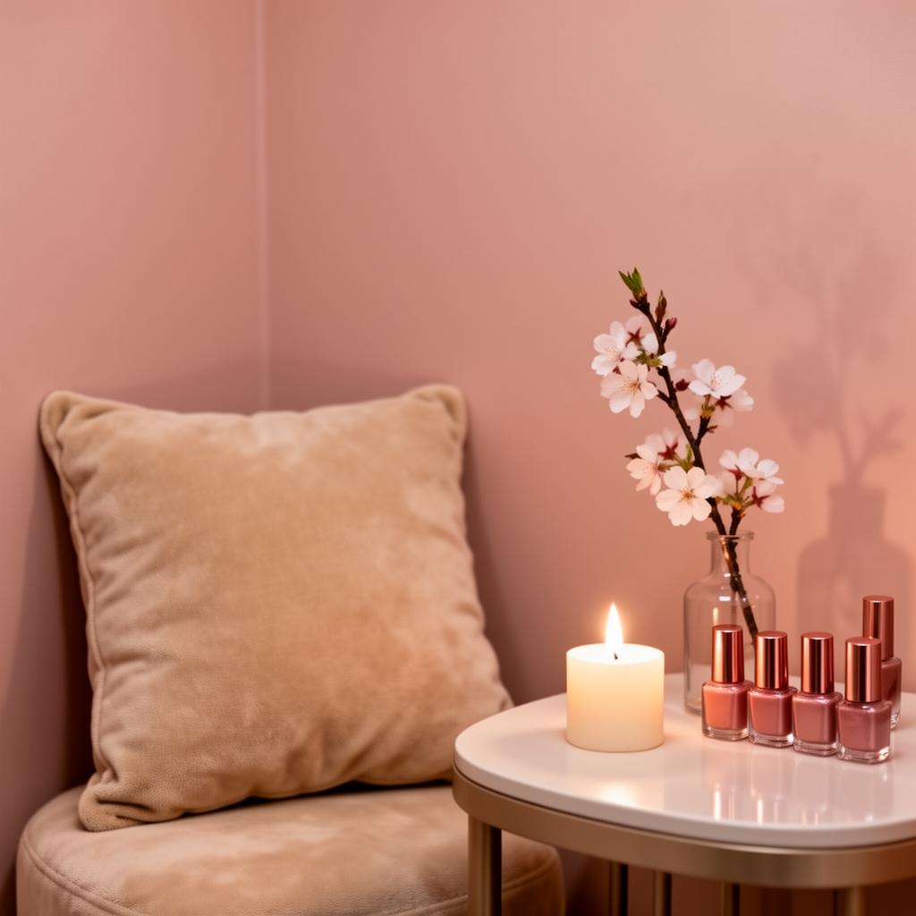 Cabina manicure privata d'élite con candela e fiori, atmosfera intima e curata